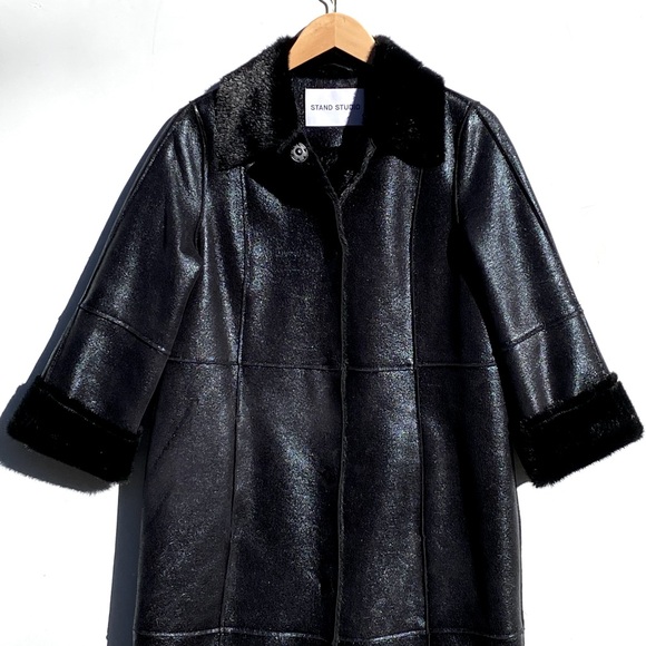 ANTHROPOLOGIE STAND STUDIO Nino Black Faux Leather Fur Lined Snap Front Coat - Picture 9 of 16